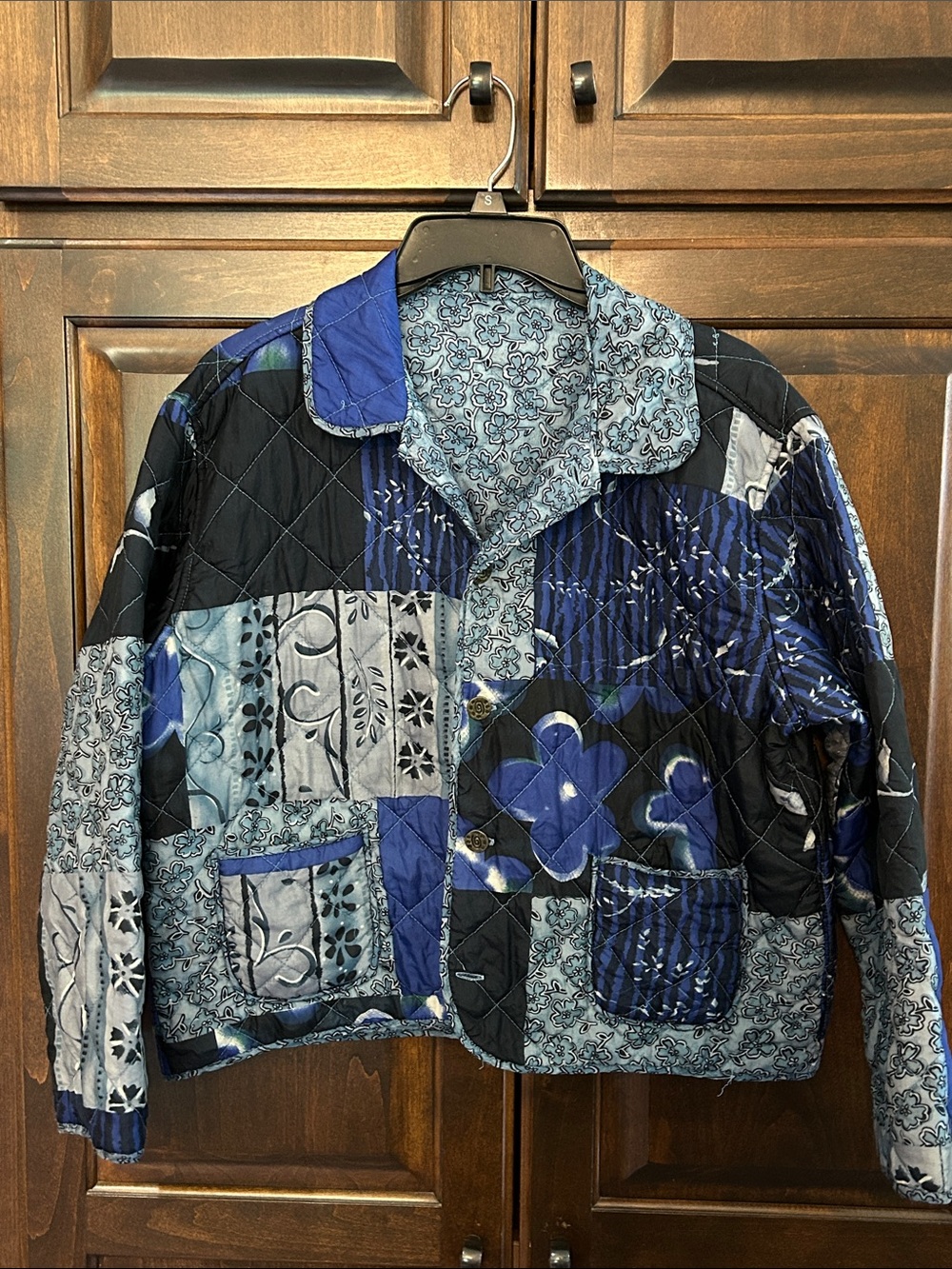 100% Silk Sz S Quilted Reversible Patchwork Jacket - Blue Multi